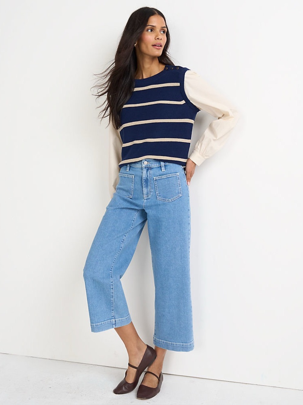 Land's End Soft Denim High Rise Wide Leg Patch Pocket Cropped Jeans - Picture 1 of 6